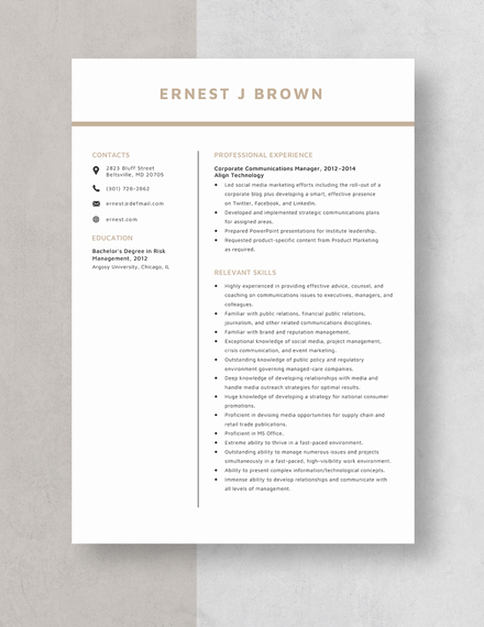 Corporate Communications Manager Resume Template