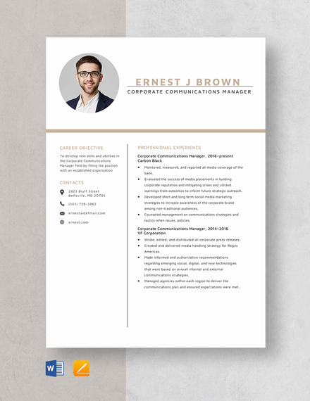 Free Corporate Communications Manager Resume Template - Word, Apple Pages