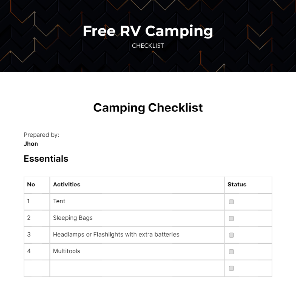 RV Camping Checklist Edit Online & Download Example