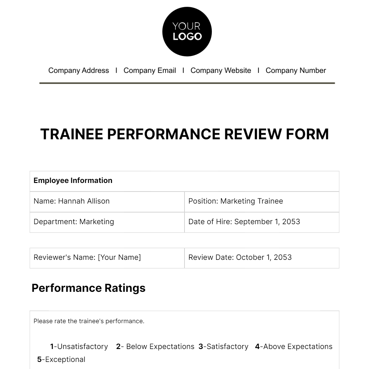 Trainee Performance Review Form HR Template