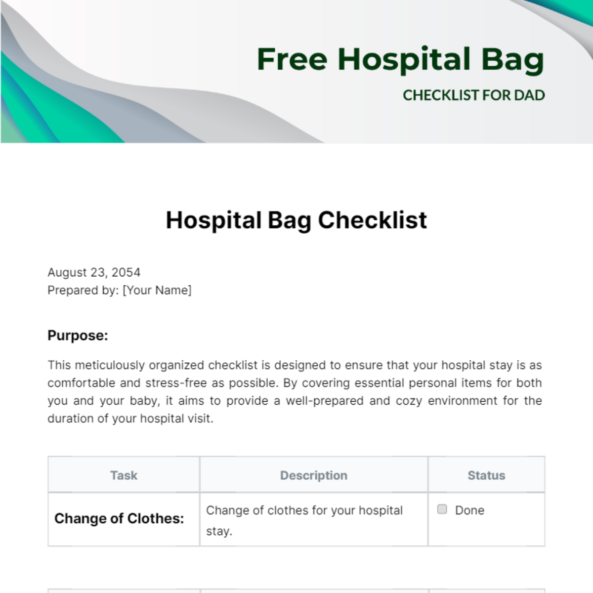 Hospital Bag Checklist for Dad Template