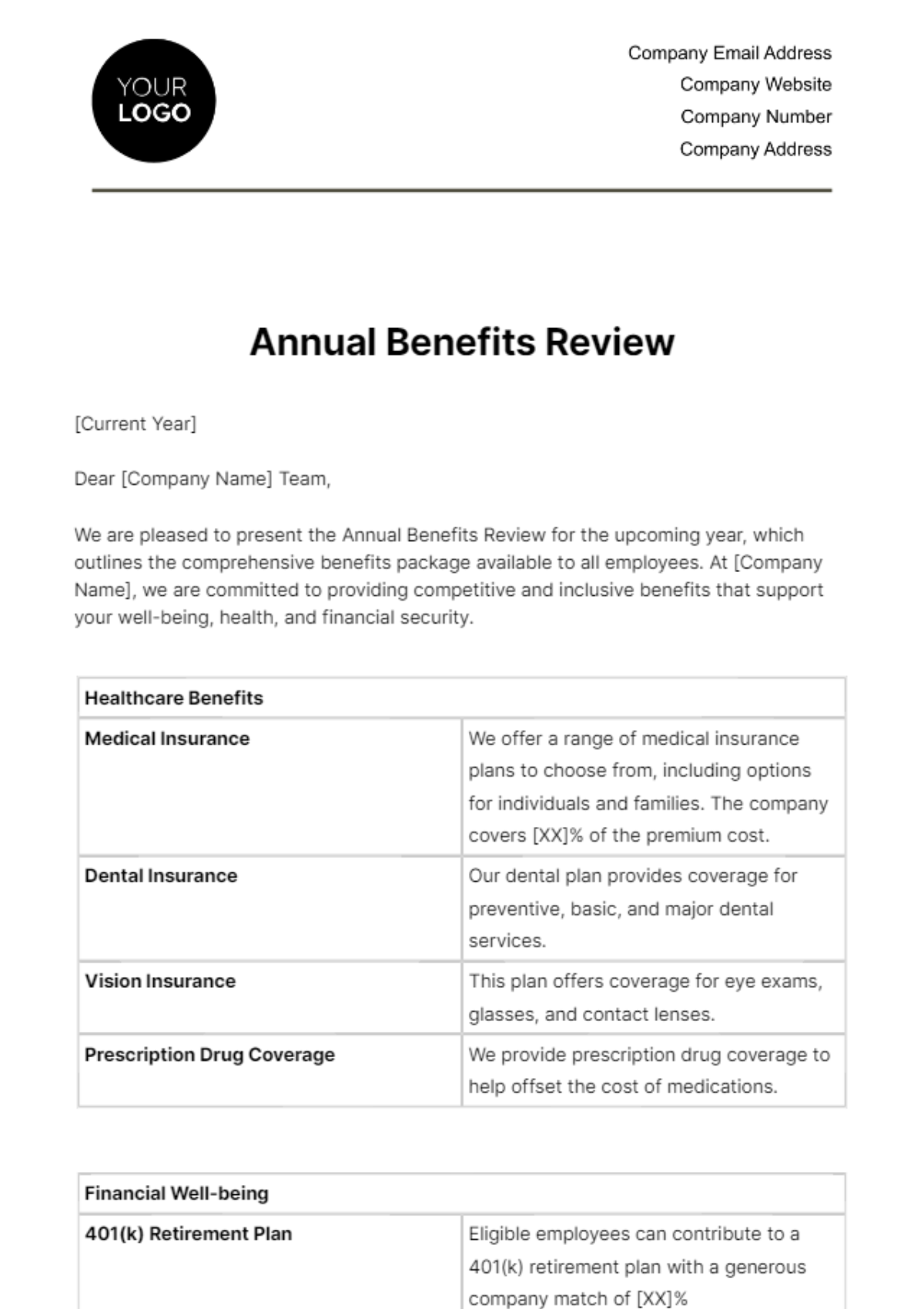 Free Annual Benefits Review HR Template