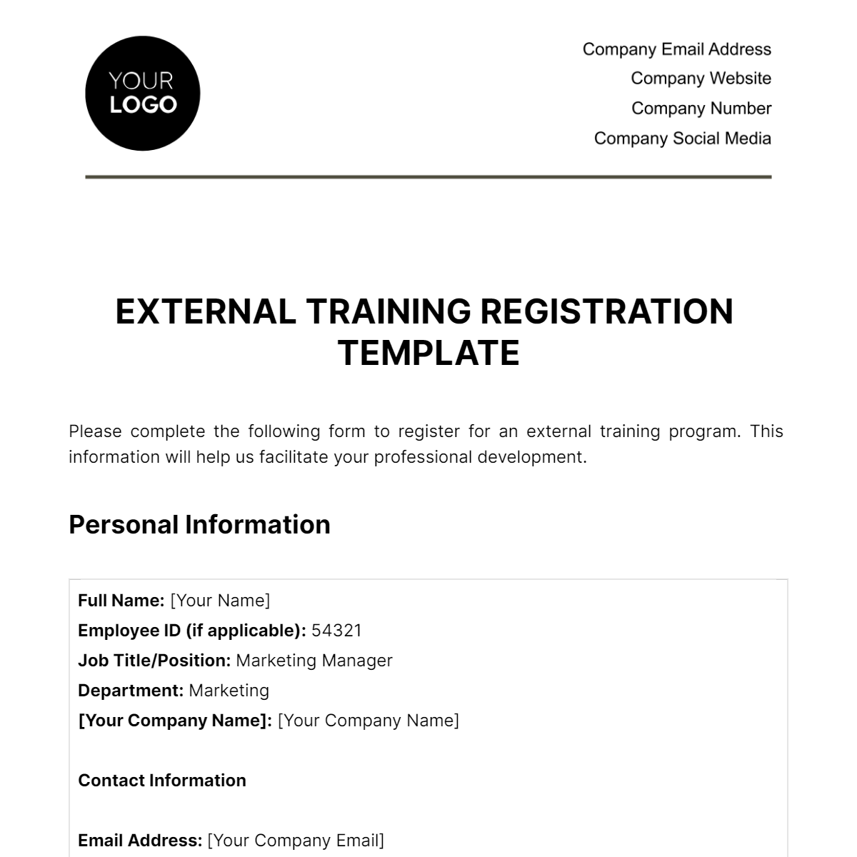Free External Training Registration HR Template