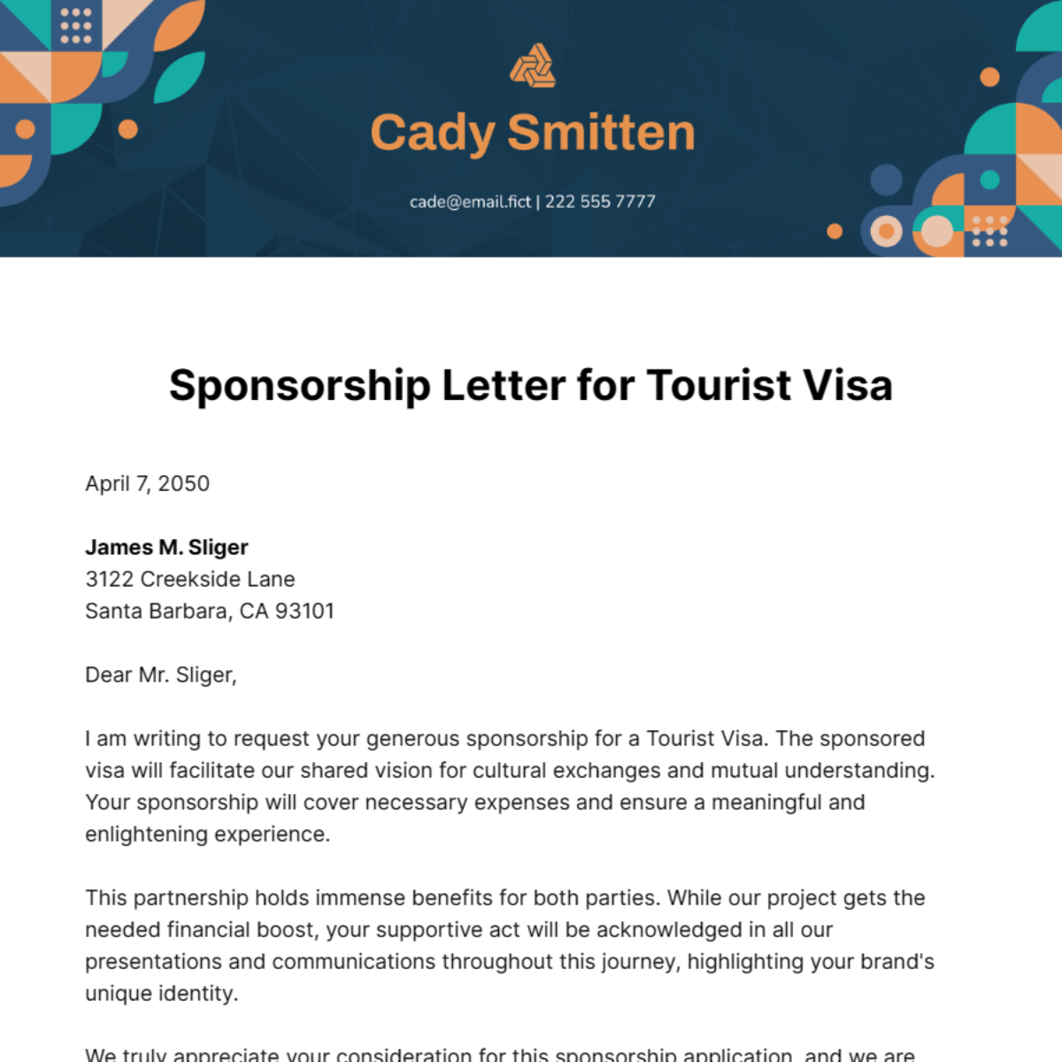 Sponsorship Letter for Tourist Visa Template