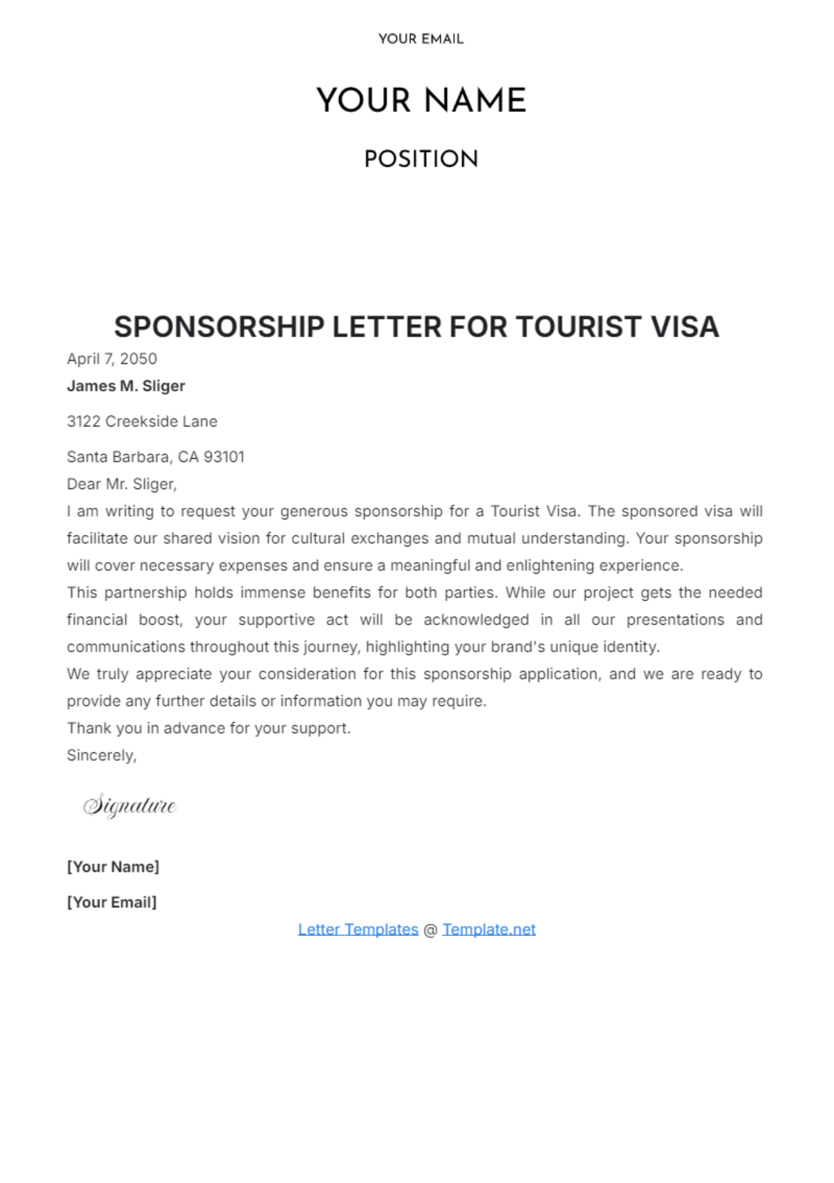 Sponsorship Letter for Tourist Visa