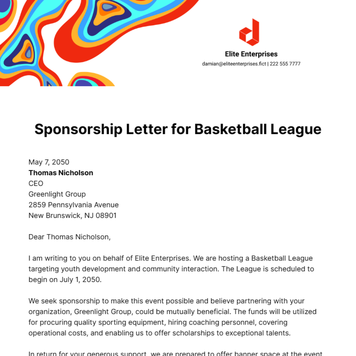 Sponsorship Letter for Basketball League Template