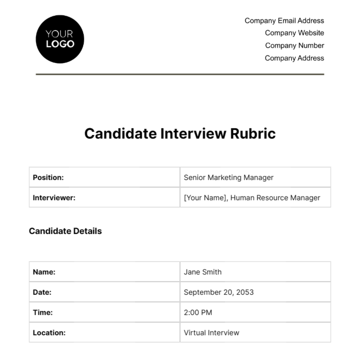 Candidate Interview Rubric HR Template