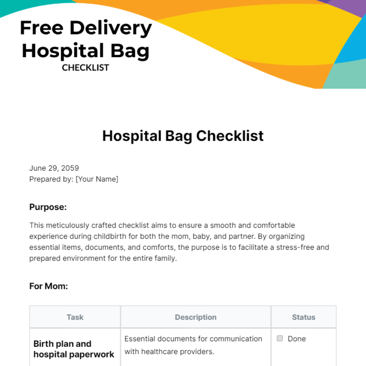 Free Delivery Hospital Bag Checklist Template