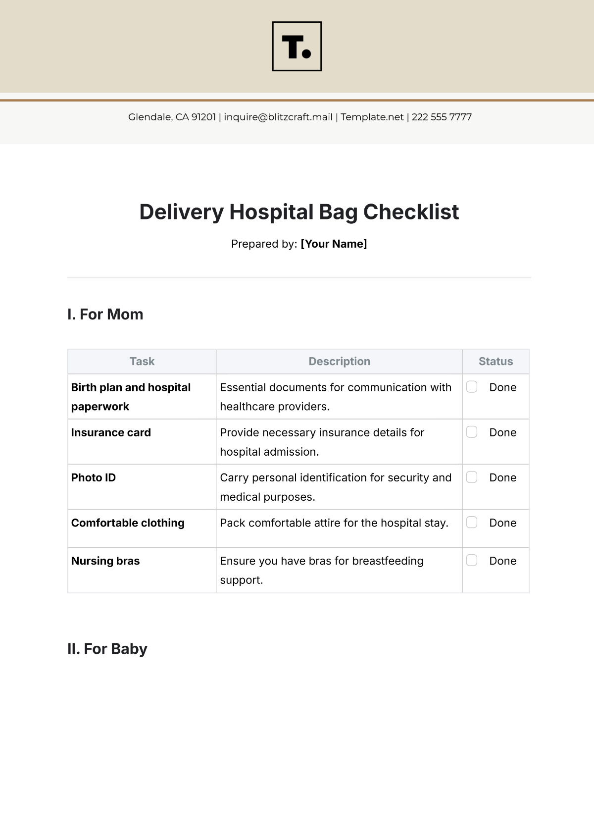 Delivery Hospital Bag Checklist Template - Edit Online & Download