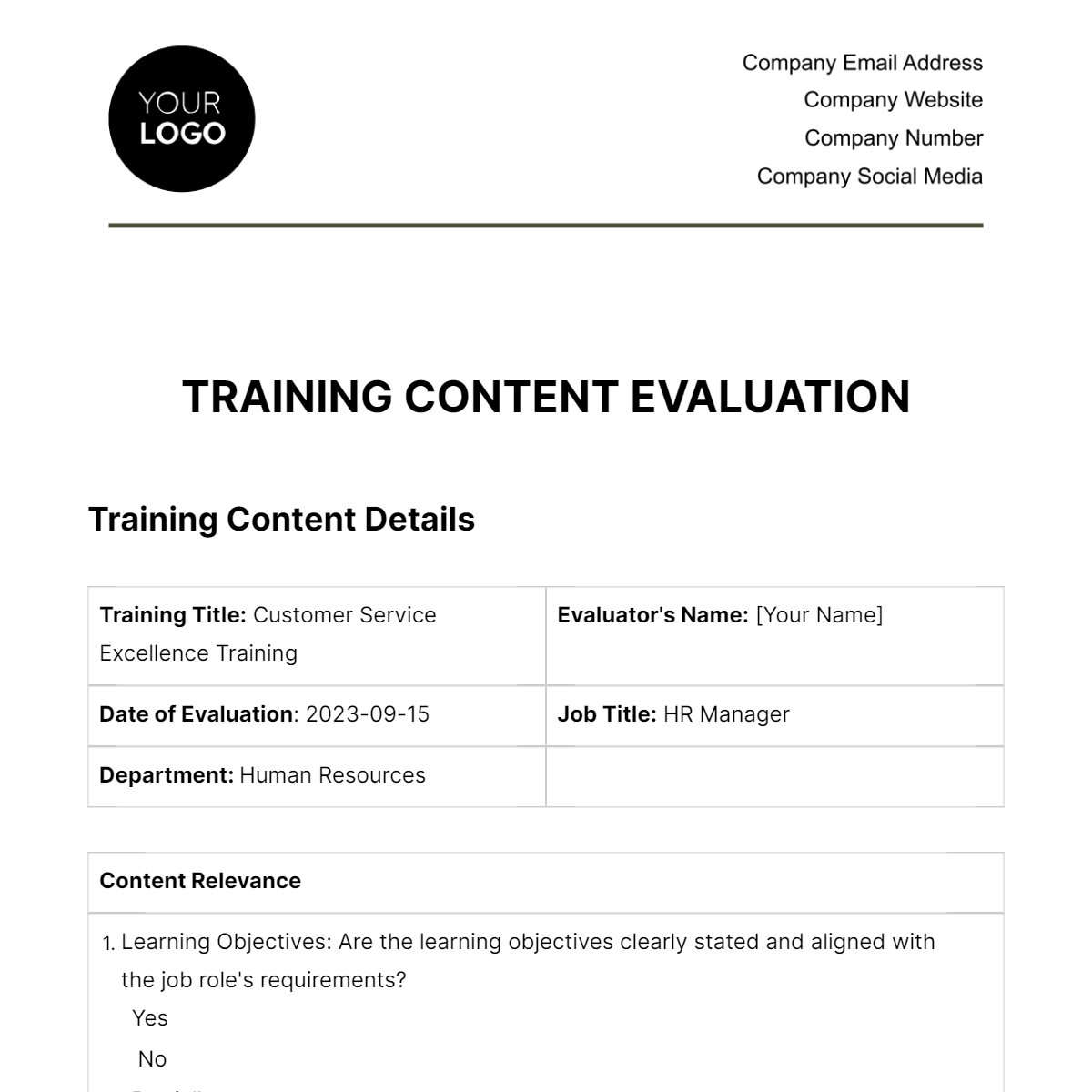 Free Training Content Evaluation HR Template
