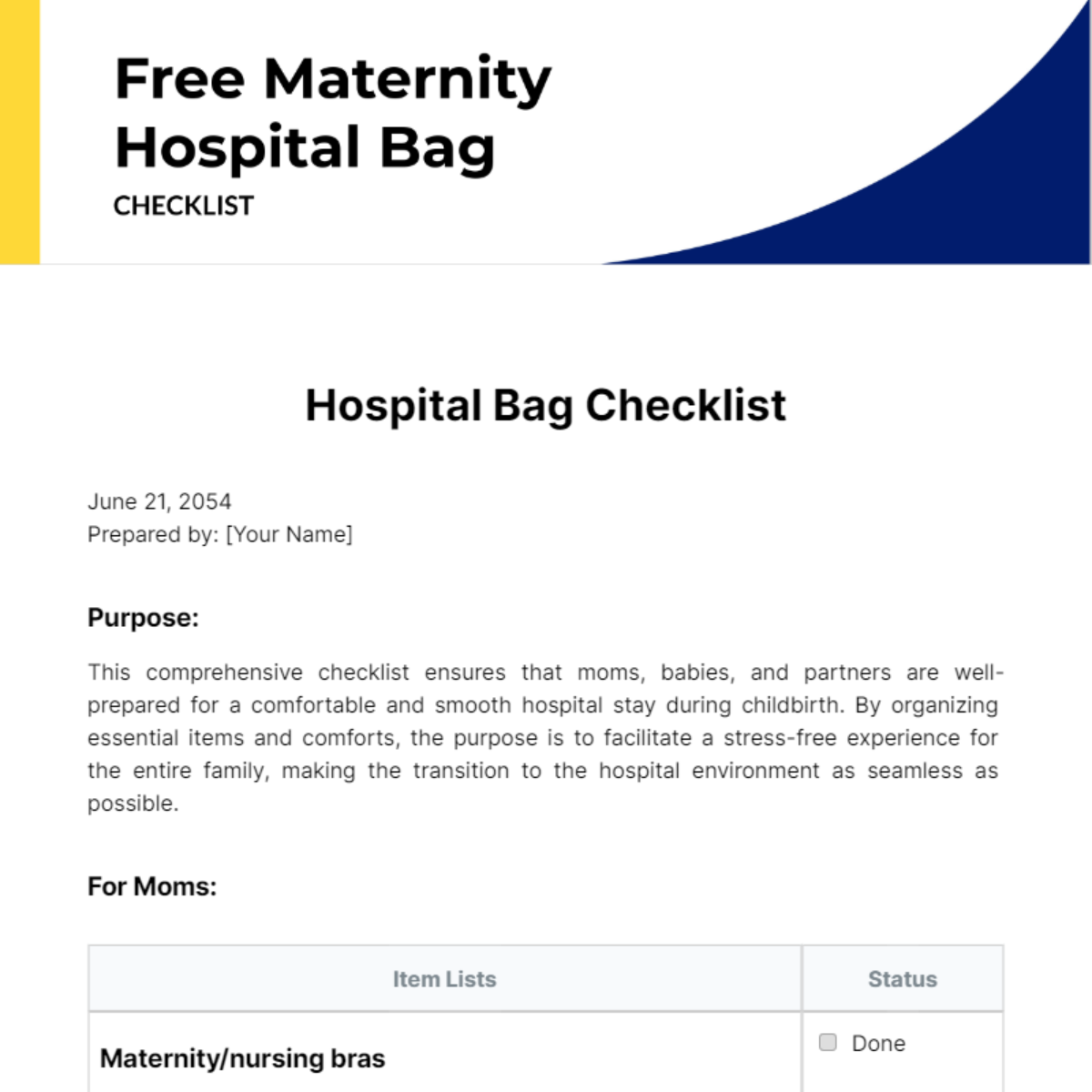 Maternity Hospital Bag Checklist Template