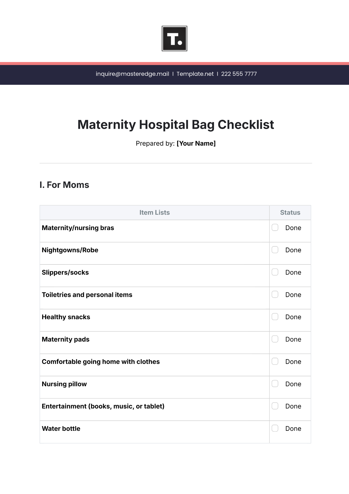 Maternity Hospital Bag Checklist Template - Edit Online & Download