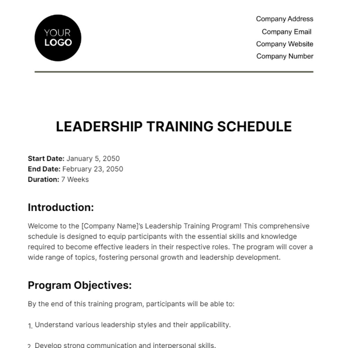 Leadership Training Schedule HR Template