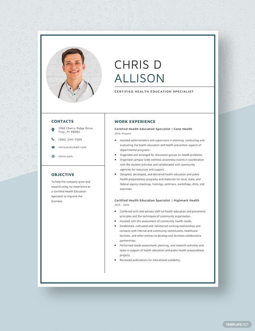 Certified Health Education Specialist Resume Template