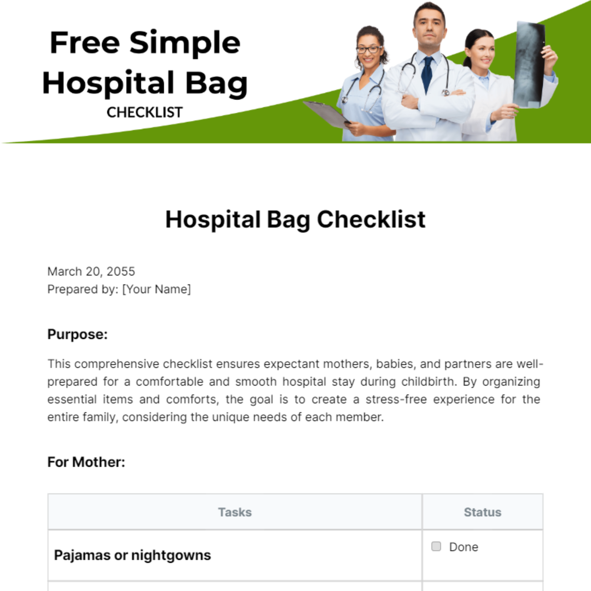 Free Simple Hospital Bag Checklist Template