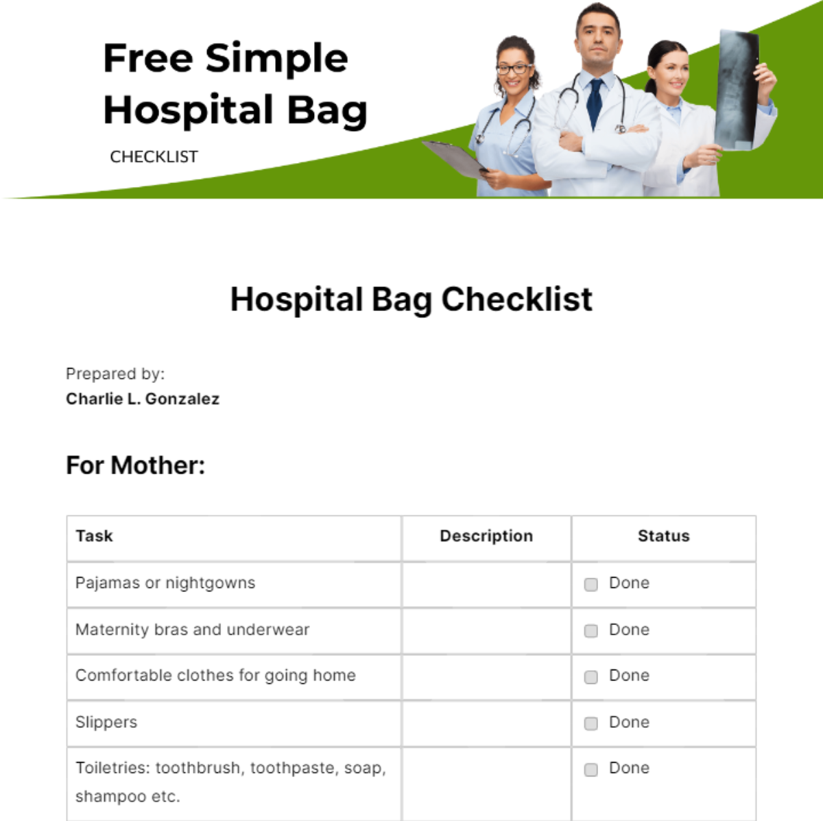 Simple Hospital Bag Checklist - Edit Online & Download Example