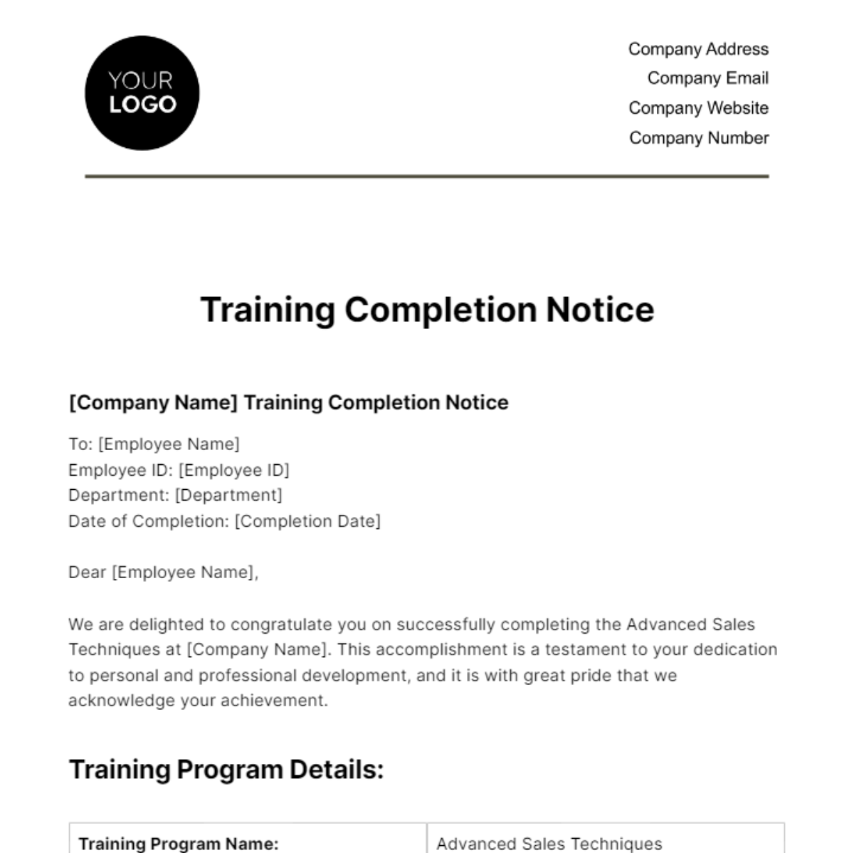 Training Completion Notice HR Template