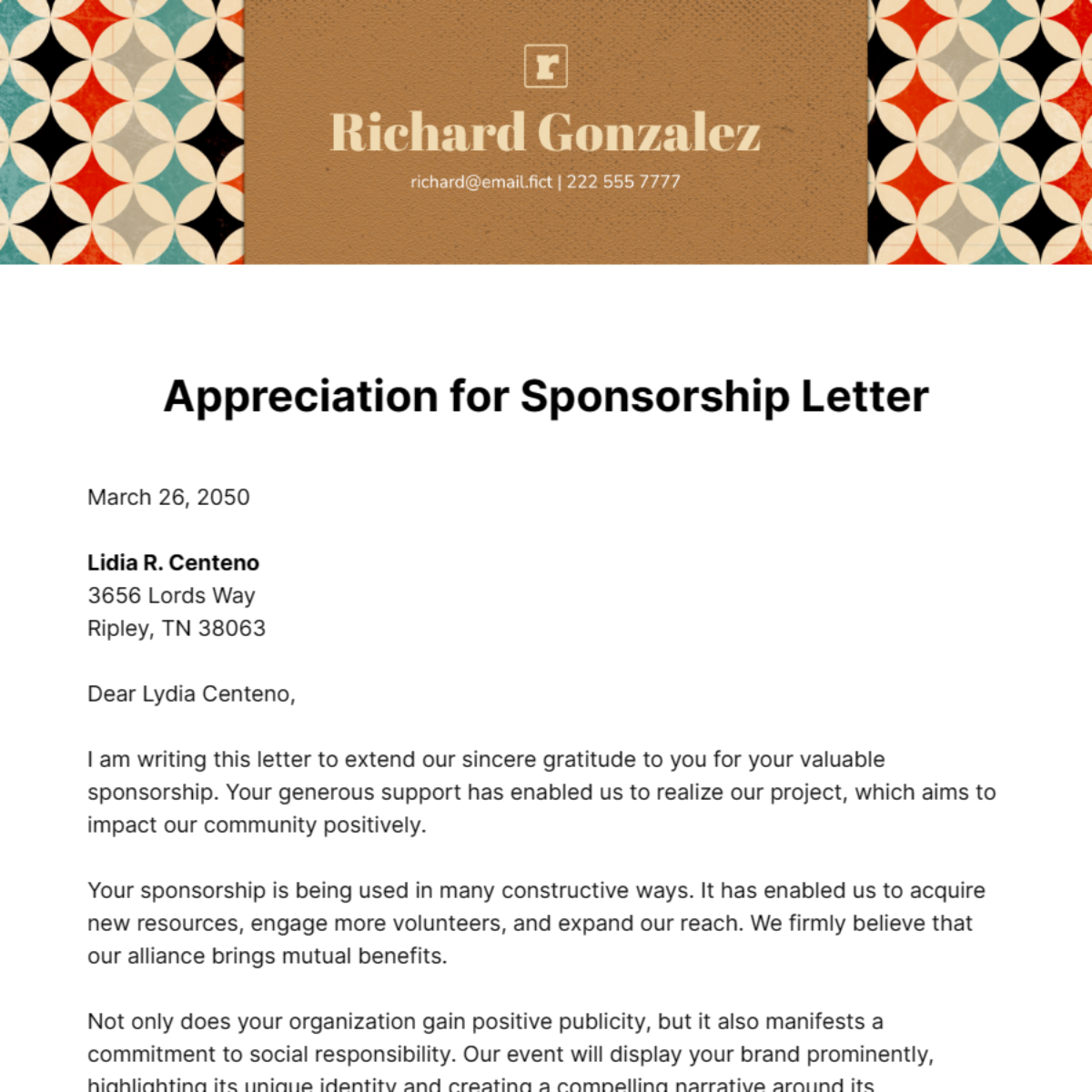 Appreciation for Sponsorship Letter Template