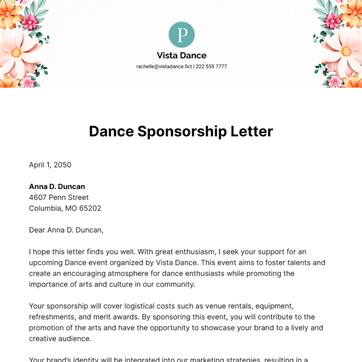 Dance Sponsorship Letter Template