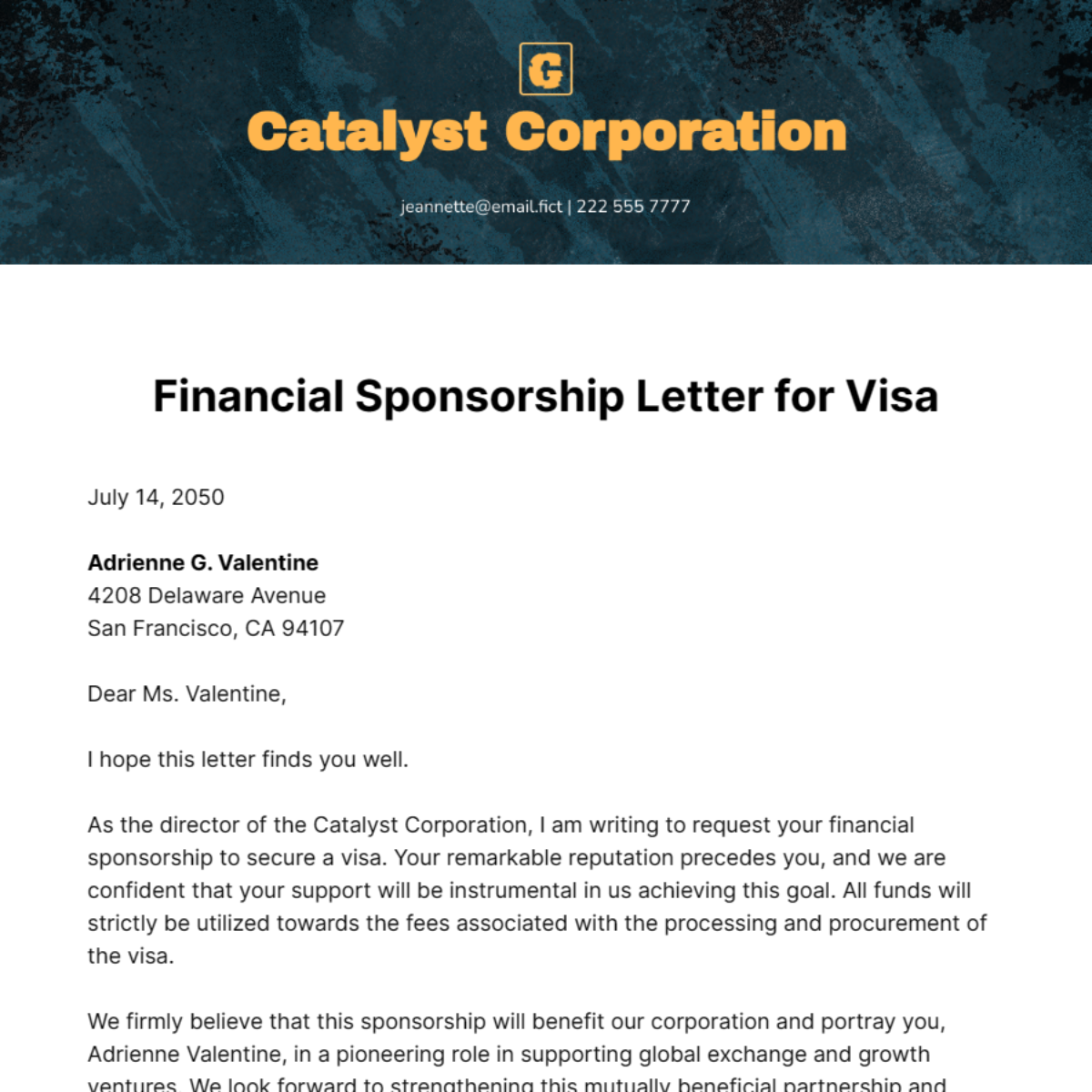 Financial Sponsorship Letter for Visa Template