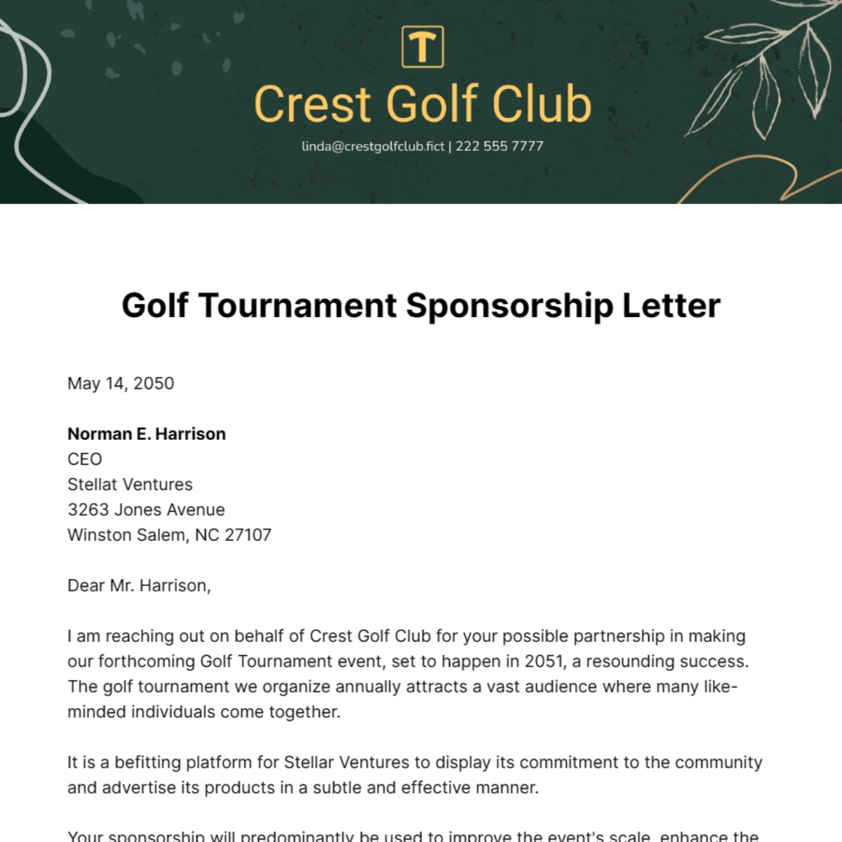 Golf Tournament Sponsorship Letter Template