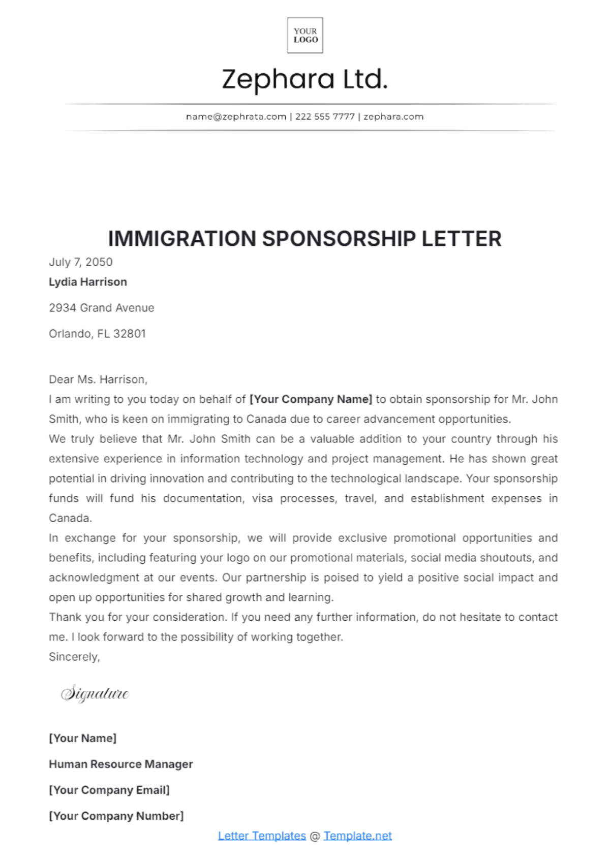 Immigration Sponsorship Letter Template