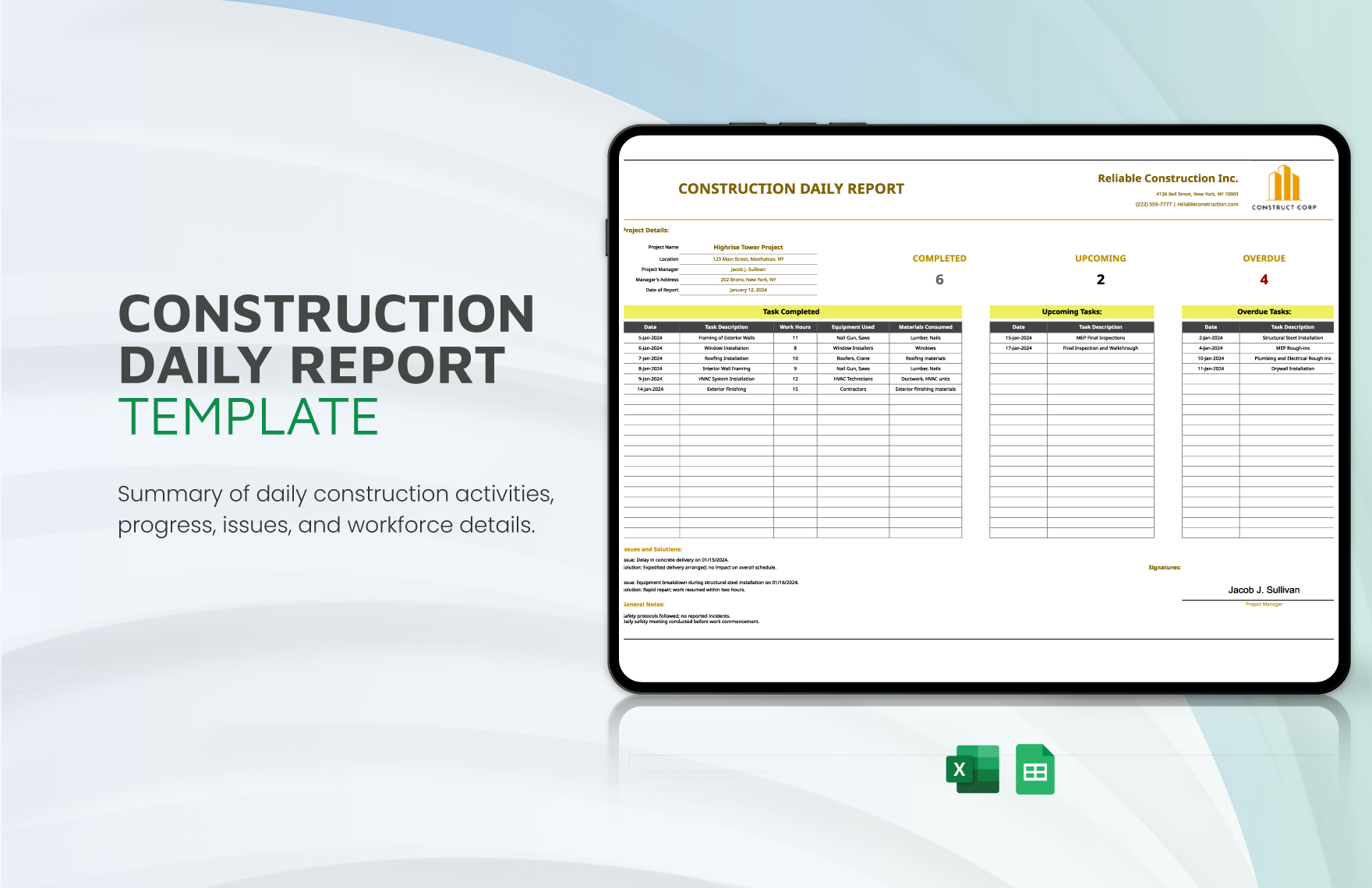 Construction Daily Report Template in Excel, Google Sheets - Download | Template.net