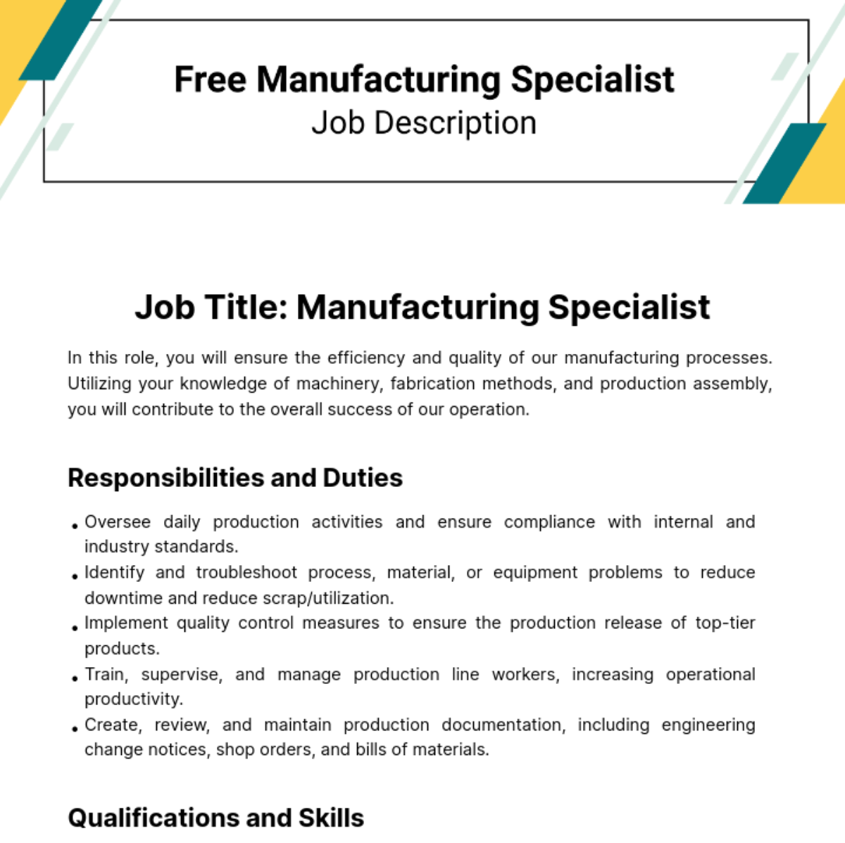 General Worker Job Description in Manufacturing Template