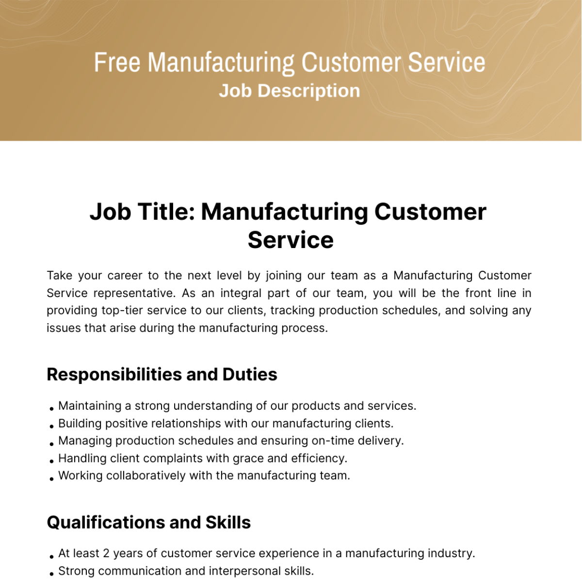 Manufacturing Customer Service Job Description Template