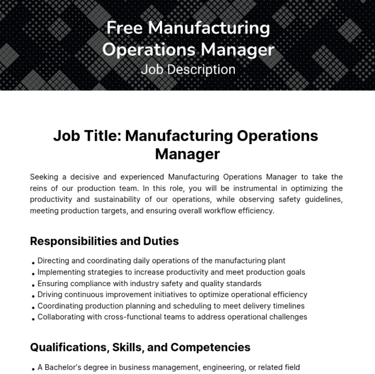 Manufacturing Operations Manager Job Description Template