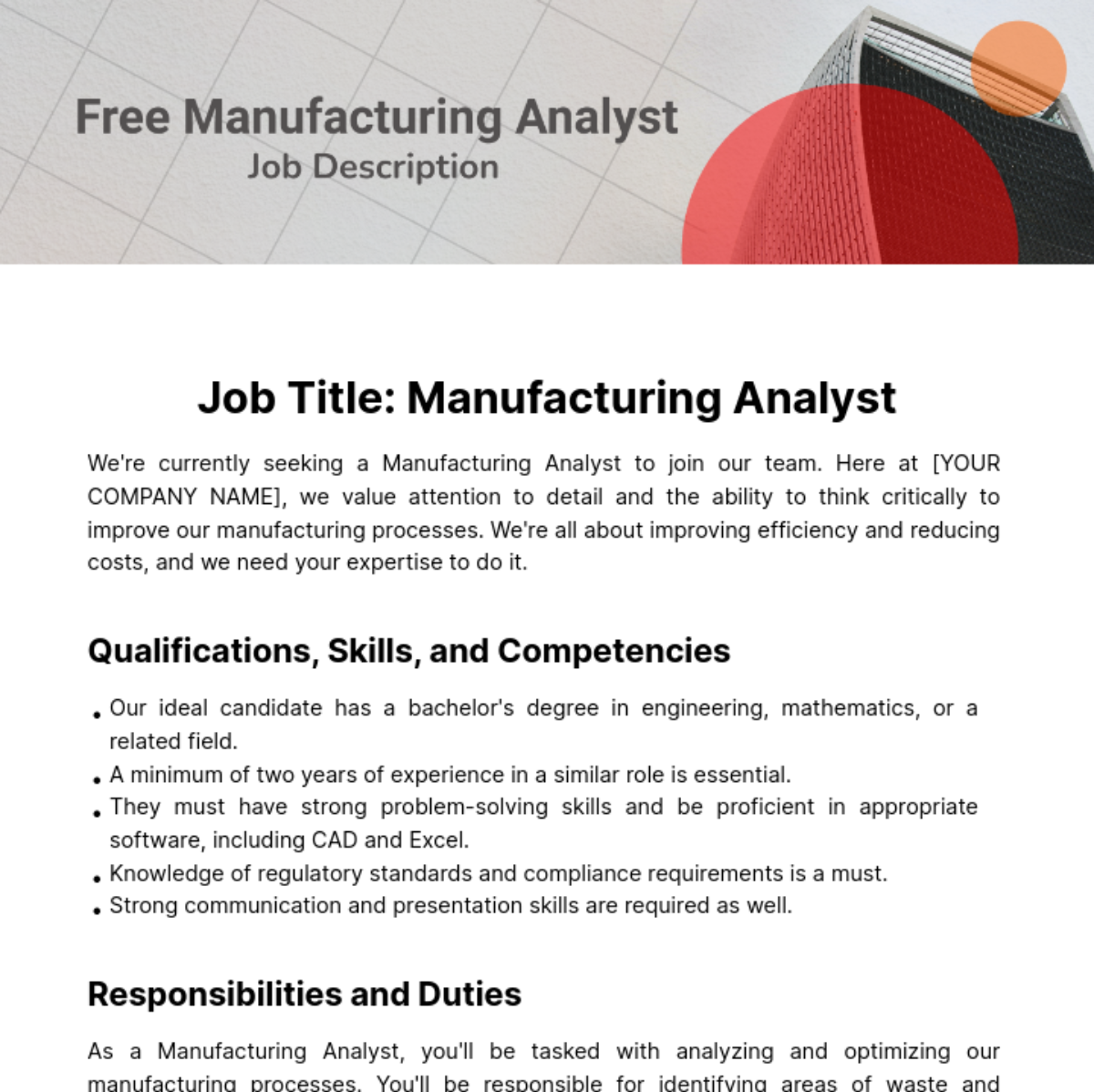 Manufacturing Analyst Job Description Template