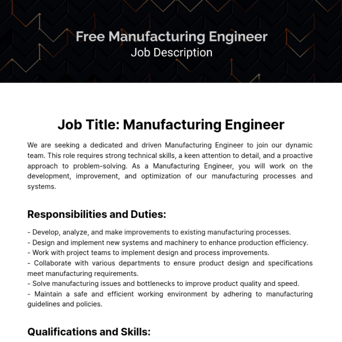 Free Manufacturing Engineer Job Description Template
