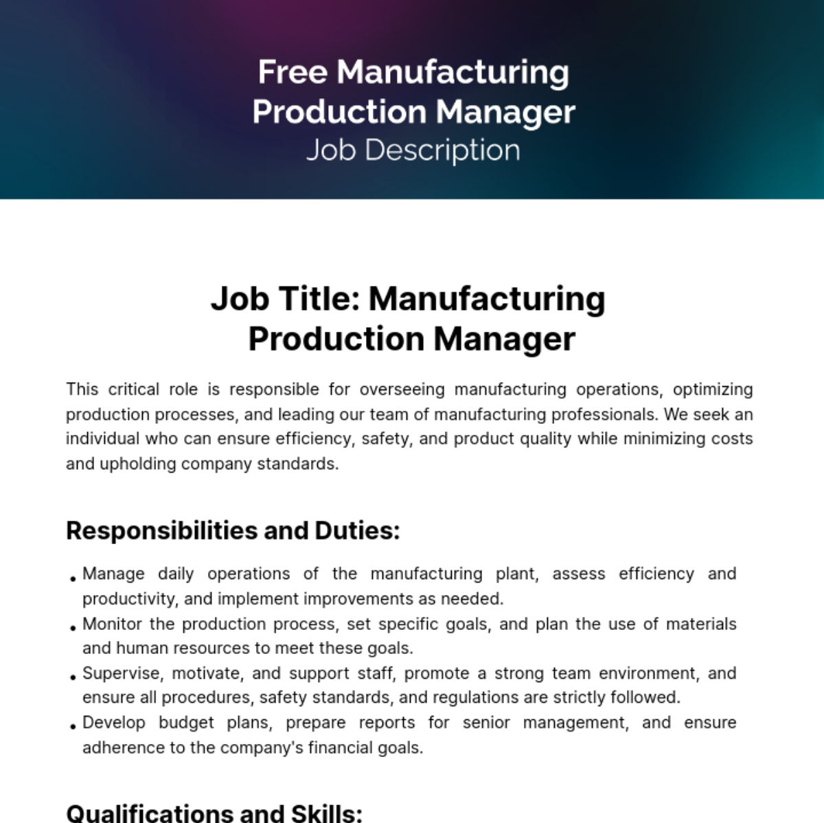 Free Manufacturing Production Manager Job Description Template