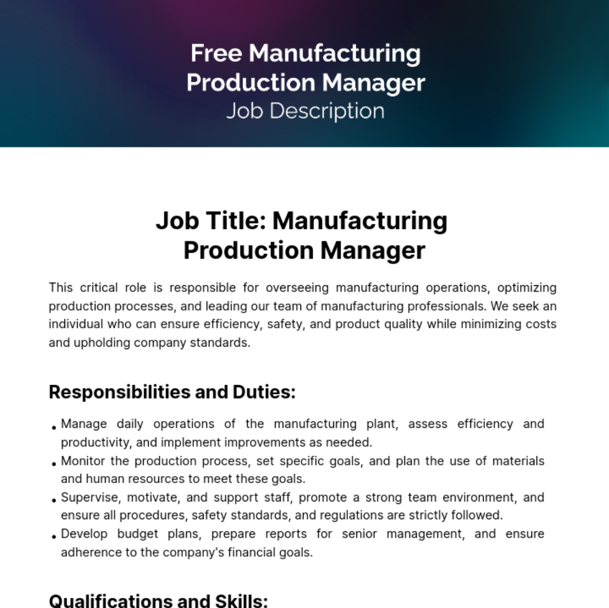 Manufacturing Production Manager Job Description Template Edit Online 