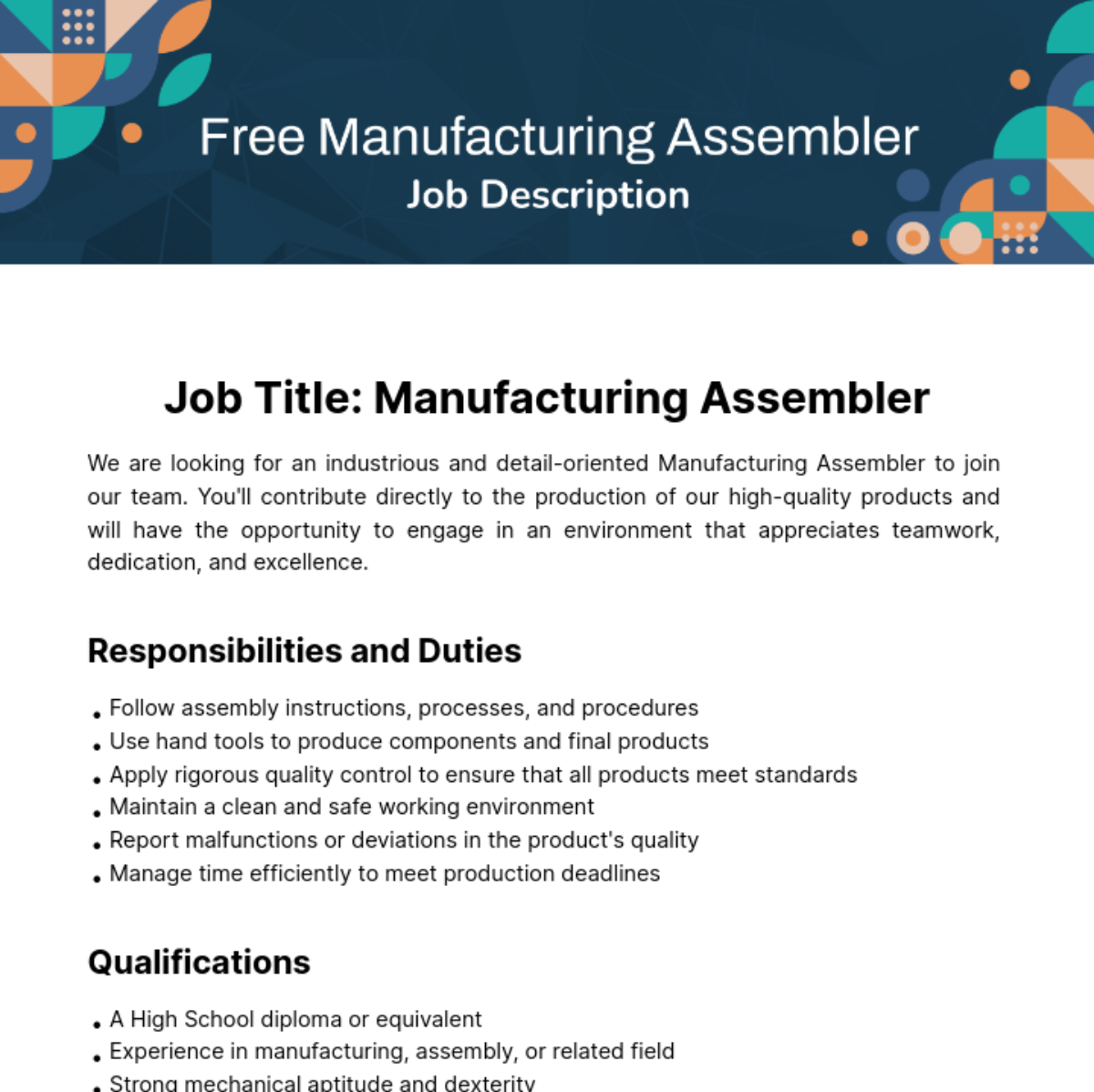 Free Manufacturing Assembler Job Description Template