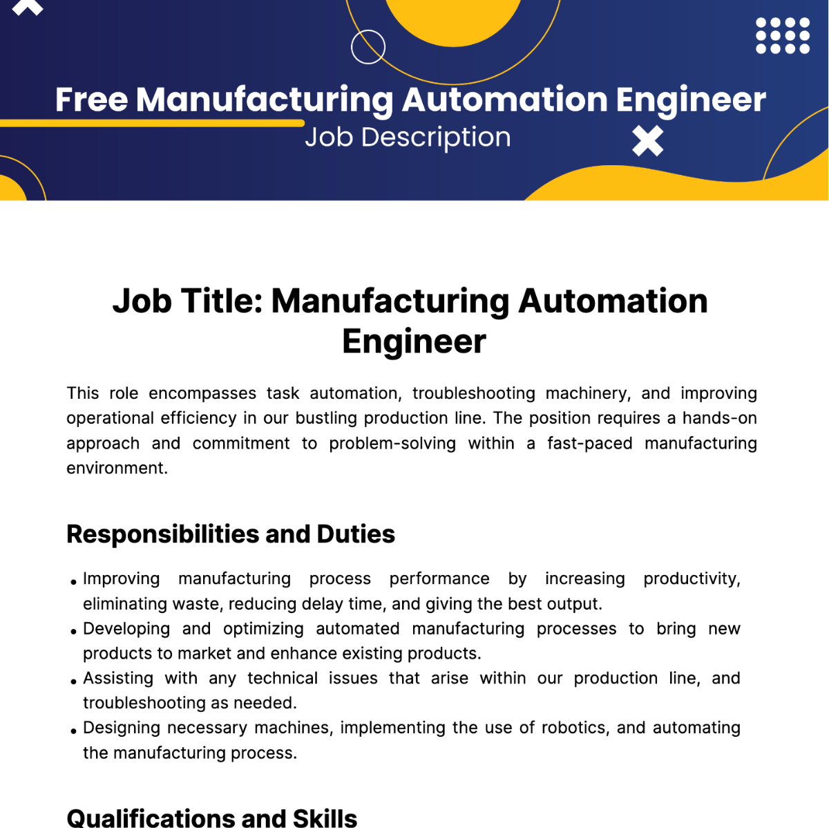 Free Manufacturing Automation Engineer Job Description Template