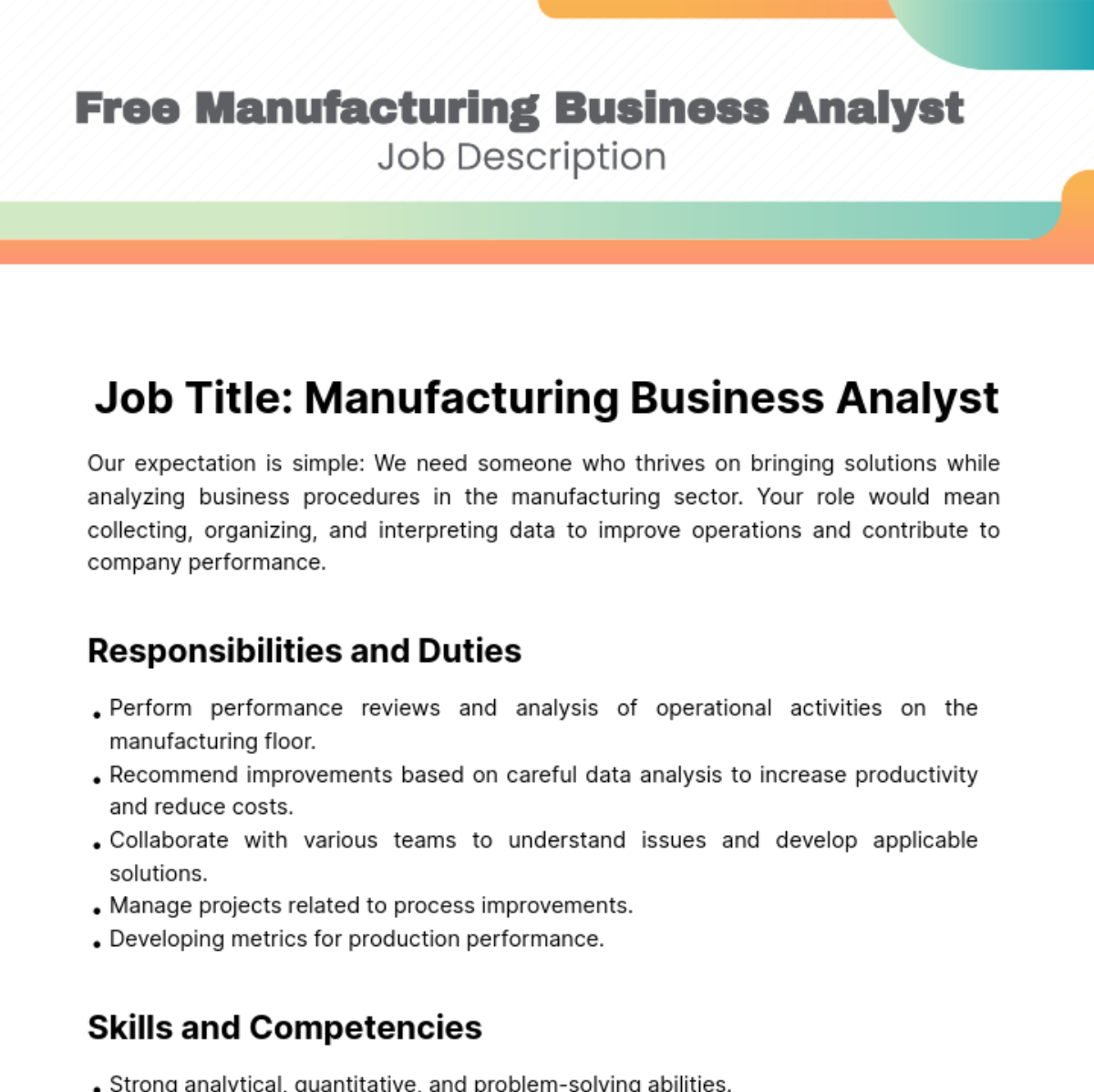 Free Manufacturing Business Analyst Job Description Template