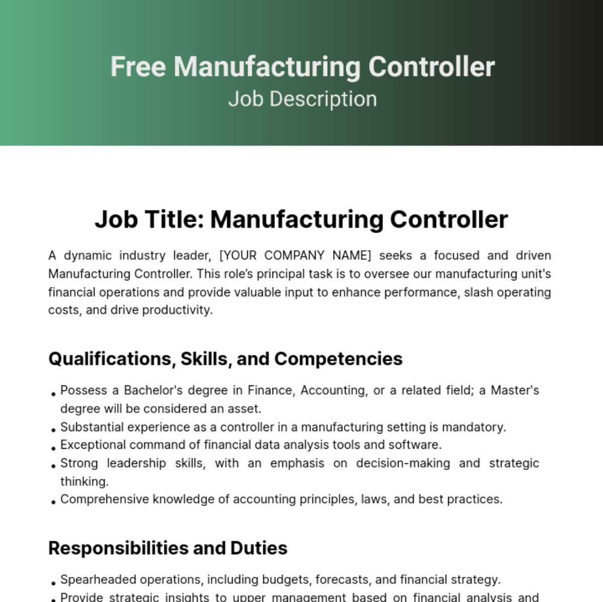Manufacturing Controller Job Description Template
