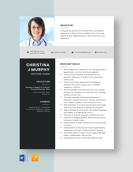 Free Certified Nurse Resume Template - Word, Apple Pages