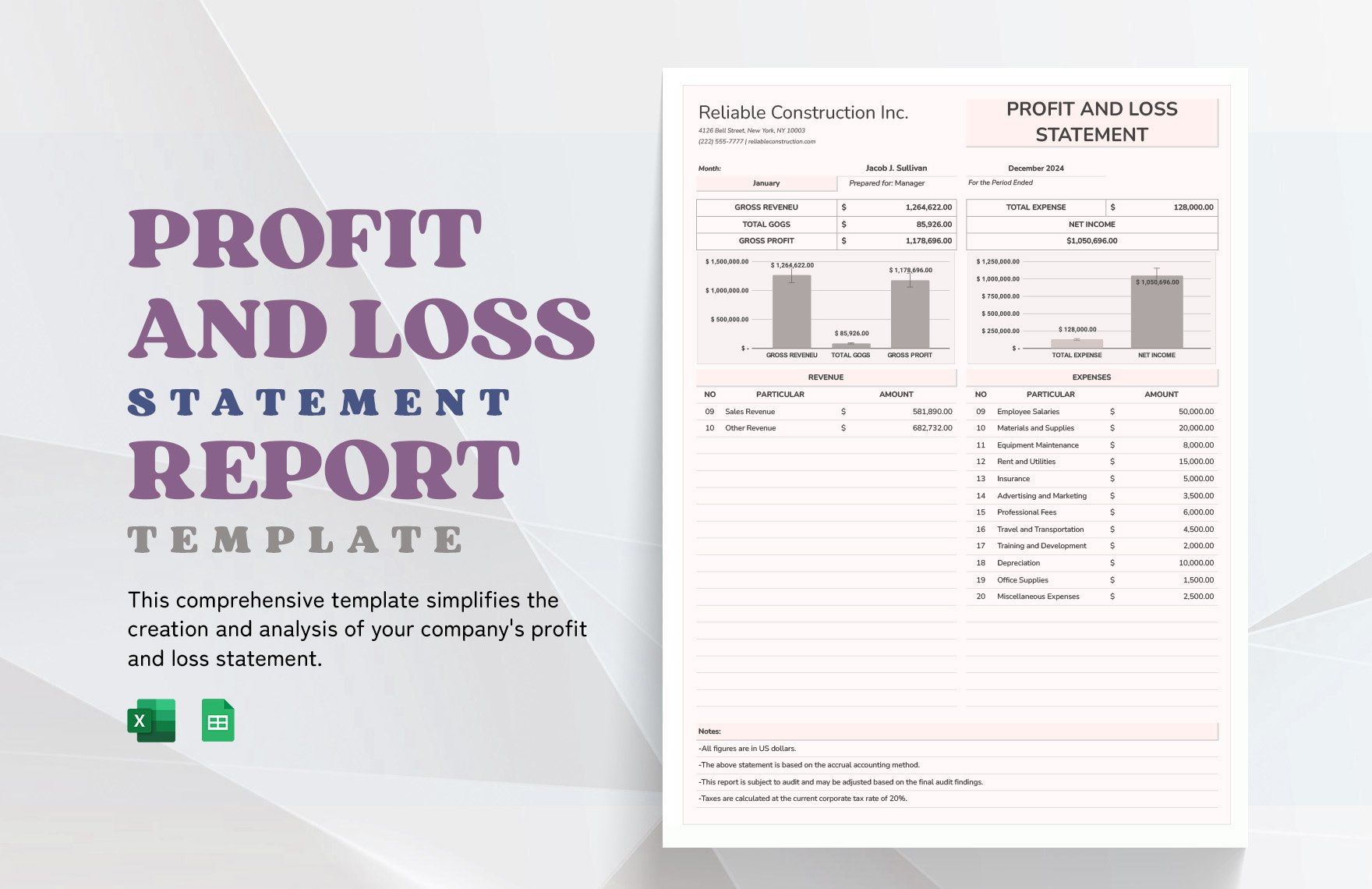 Profit and Loss Statement Report Template