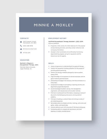 Certified Occupational Therapy Assistant Resume  Template