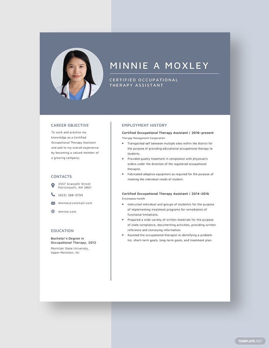 Free Certified Occupational Therapy Assistant Resume in Word, Apple Pages