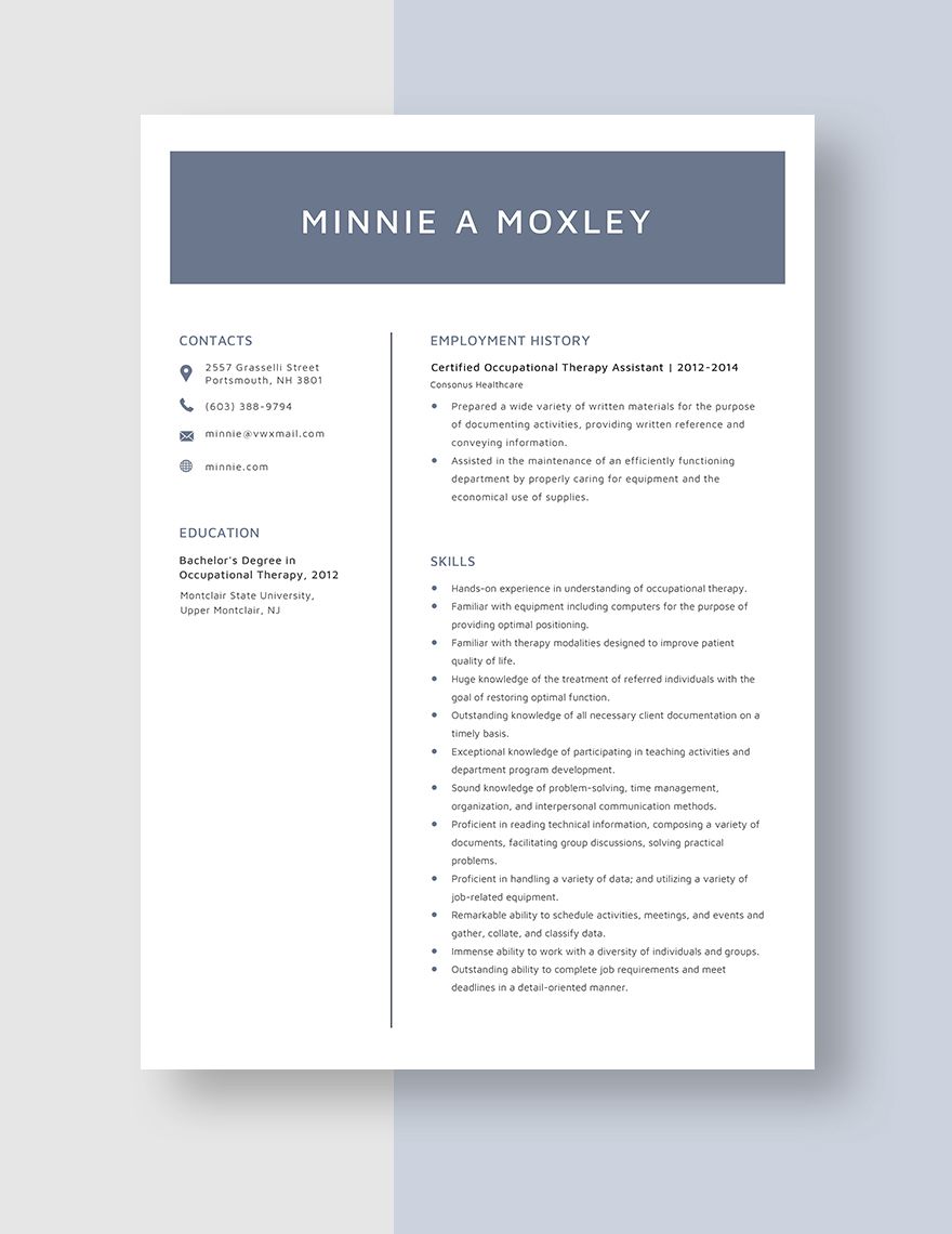 Certified Occupational Therapy Assistant Resume