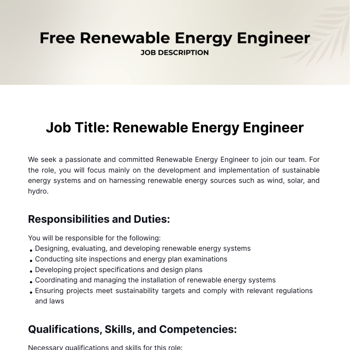 Free Renewable Energy Engineer Job Description Template