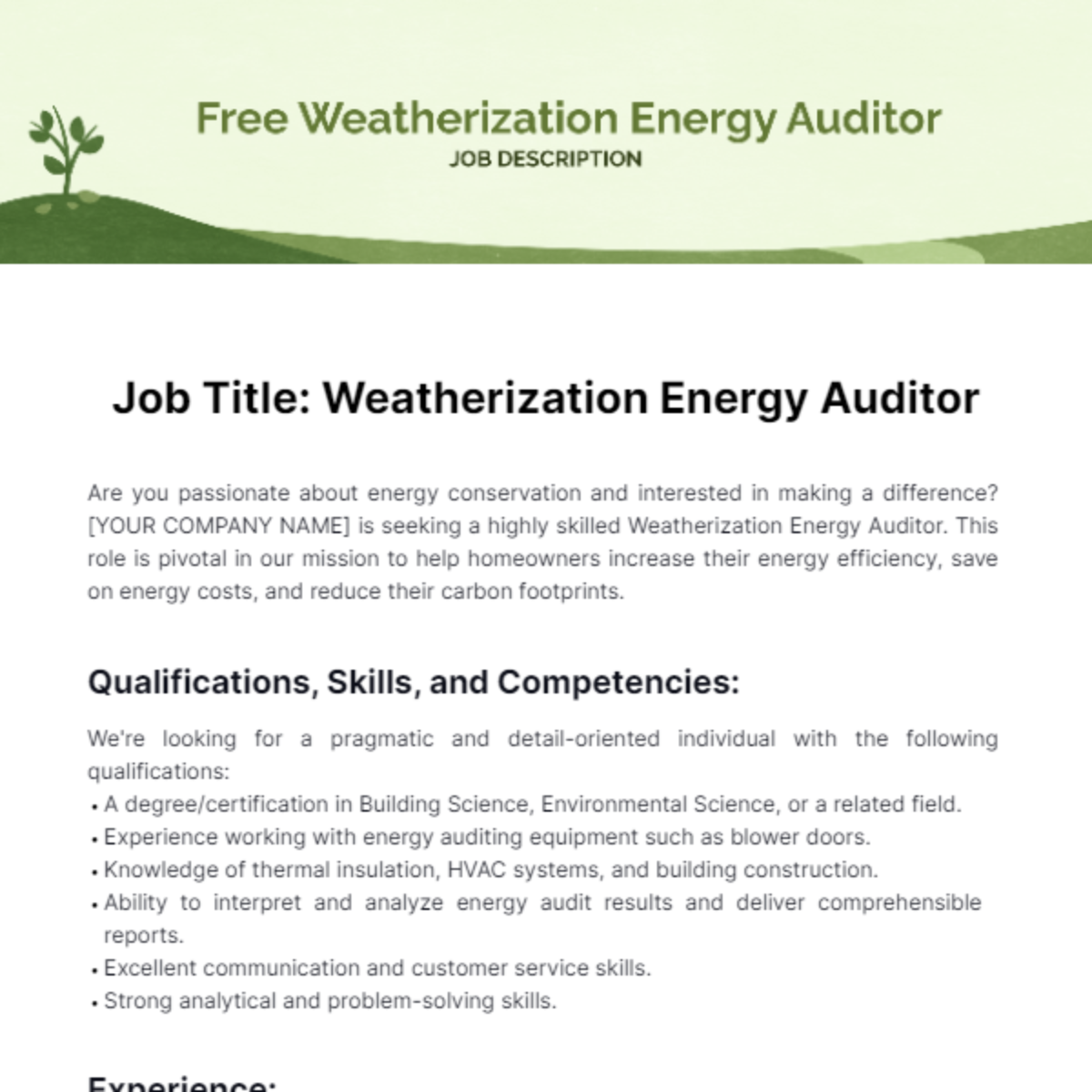 Free Weatherization Energy Auditor Job Description Template