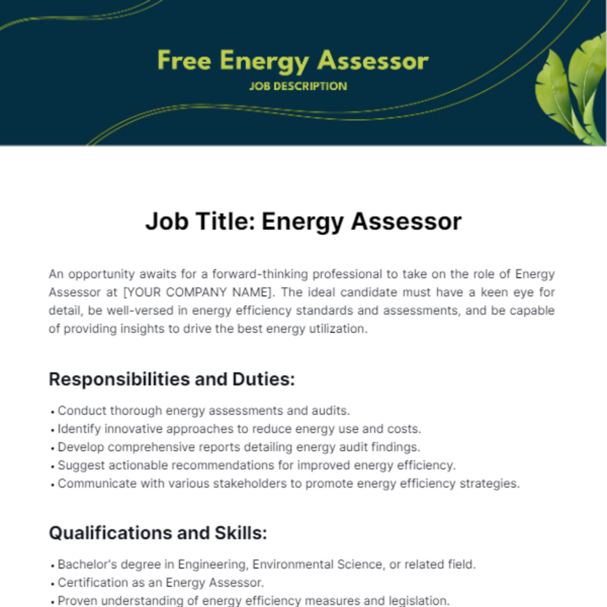 Free Energy Assessor Job Description Template