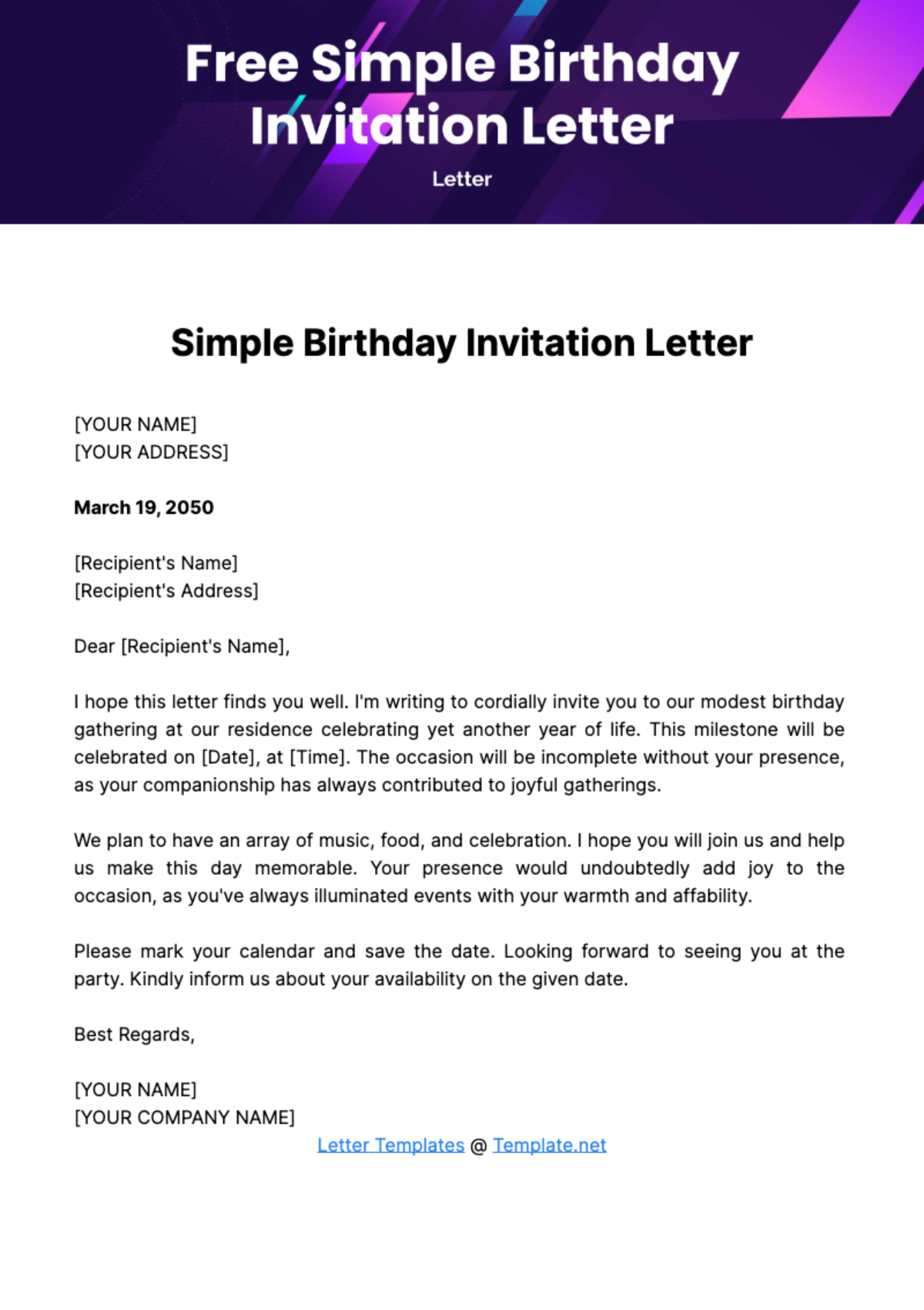 Free Simple Birthday Invitation Letter Template