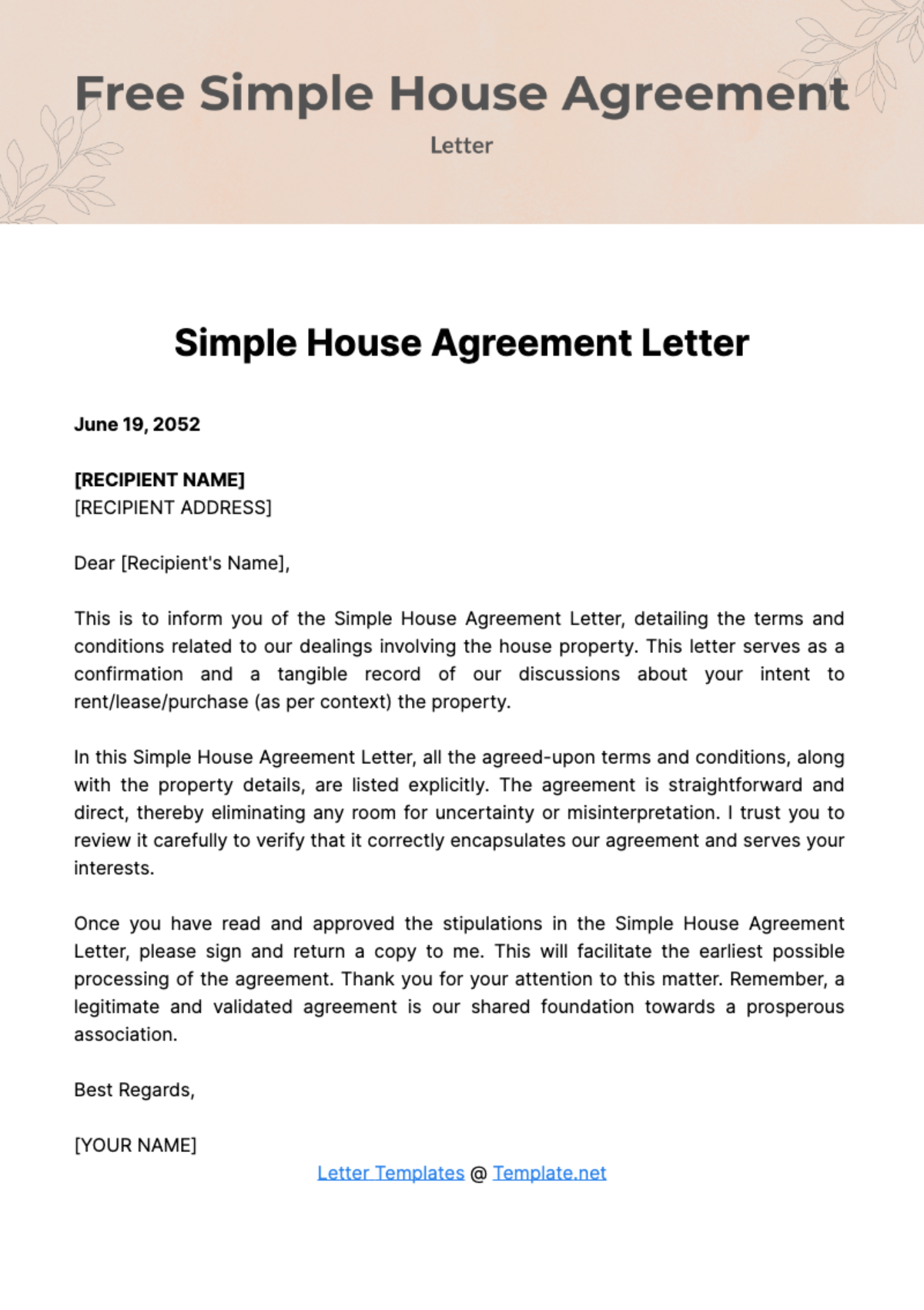 Free Simple House Agreement Letter Template