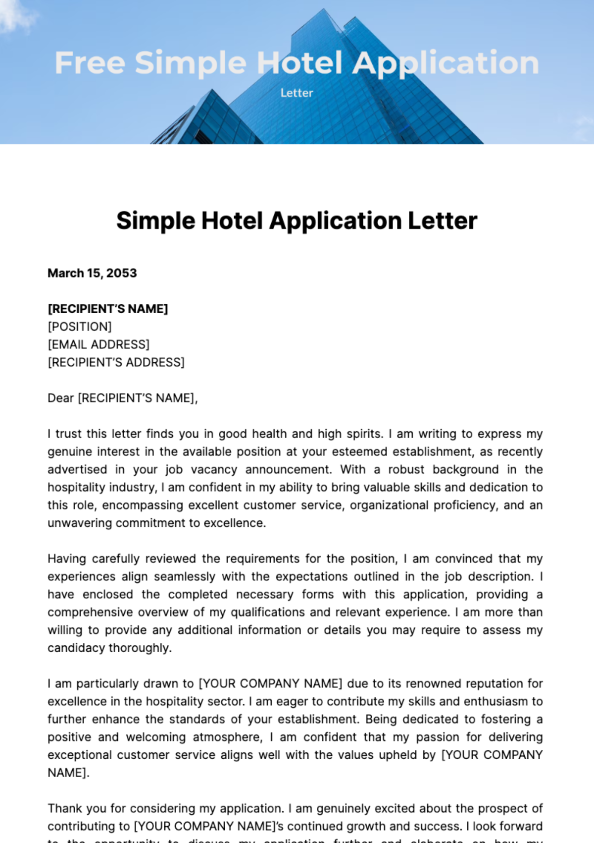 Free Simple Hotel Application Letter Template