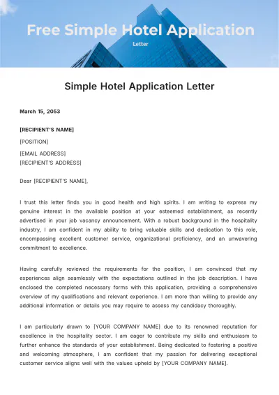 Free Simple Hotel Application Letter Template to Edit Online